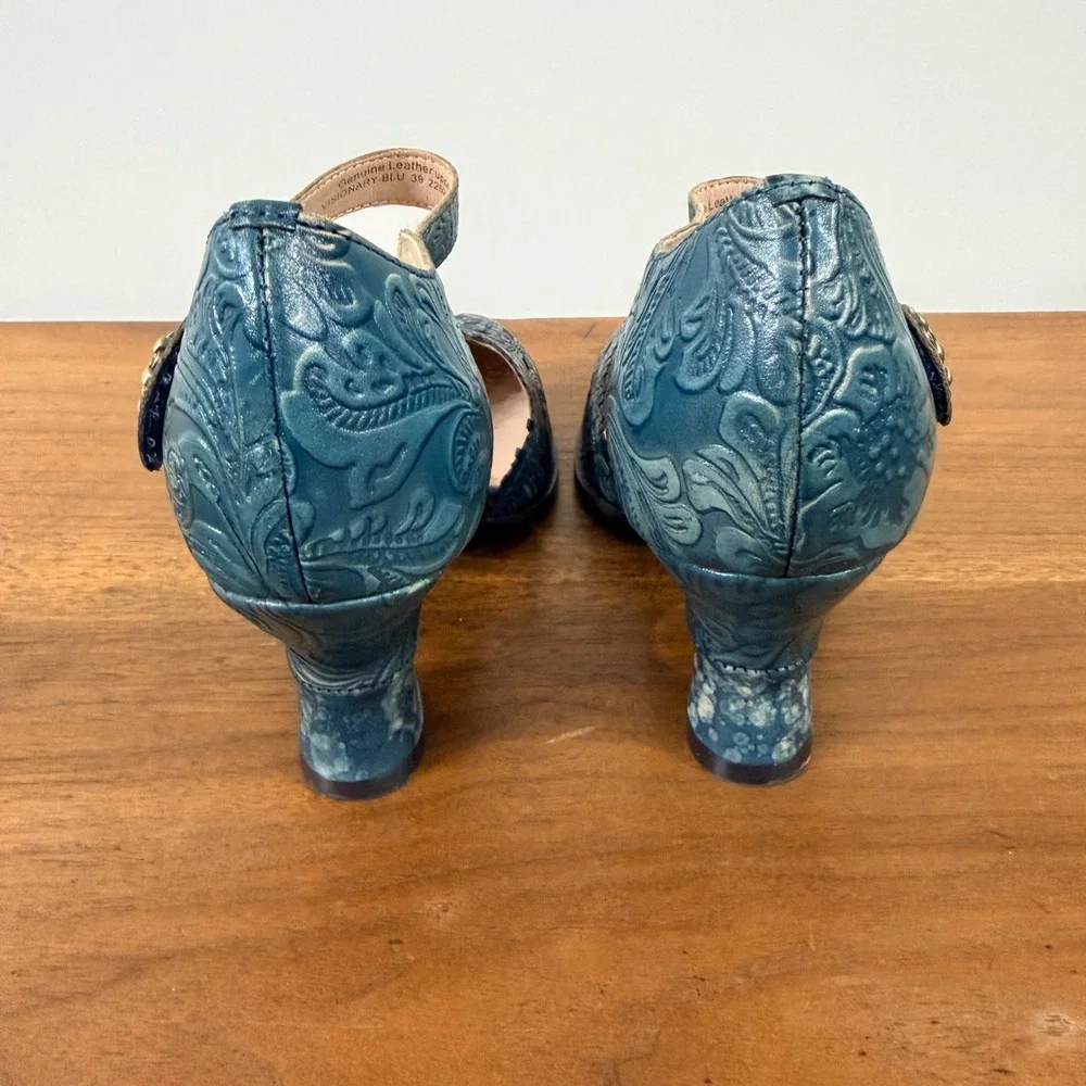 Spring Step LArtiste Visionary-Blu Teal Leather Floral Cutout Mary Jane Heels 39